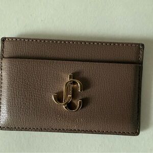 Jimmy Choo Taupe Leather Card Holder with Gold Logo